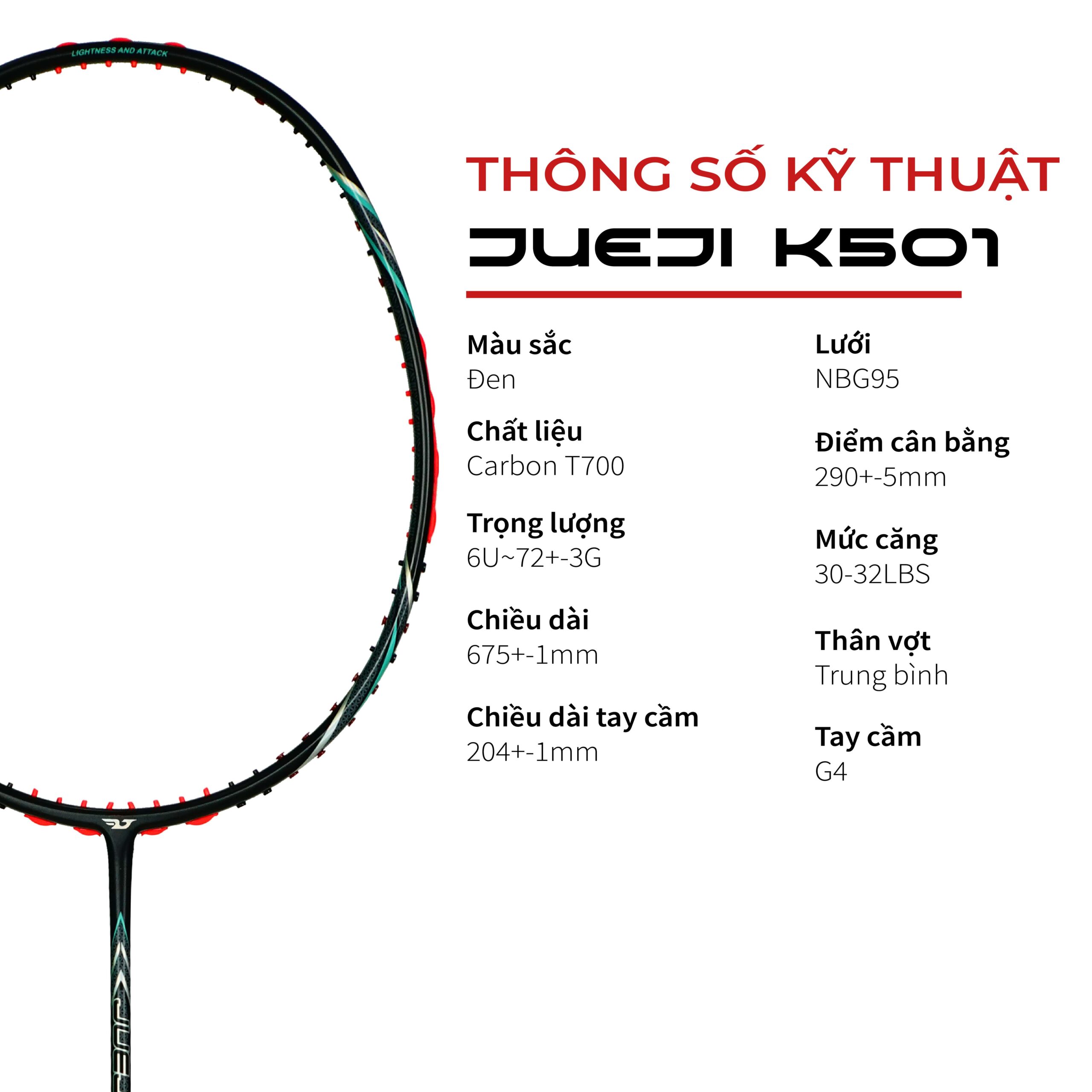 Vợt Cầu Lông Kuno JUEJI K501 – Full Carbon Cao Cấp, Trọng Lượng 6U, Lối Chơi Phản Tạt - Phòng Thủ