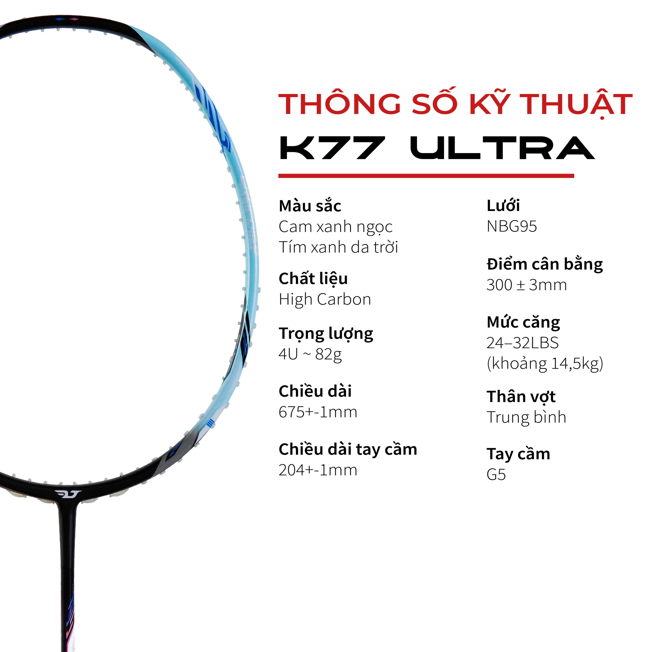 Vợt Cầu Lông KUNO K77 ULTRA Chính Hãng – Thiên Công Tốc Độ, Trợ Lực Tốt, Full Carbon Cao Cấp