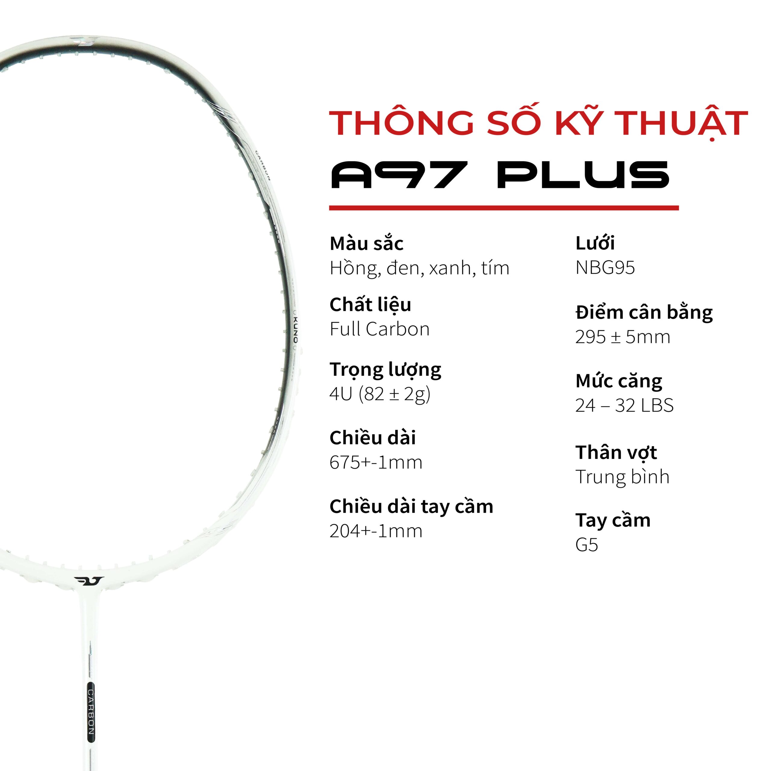 Vợt Cầu Lông KUNO A97 Plus Full Carbon - Trợ Lực Tốt, Dễ Điều Khiển, Căng Max 14,5kg