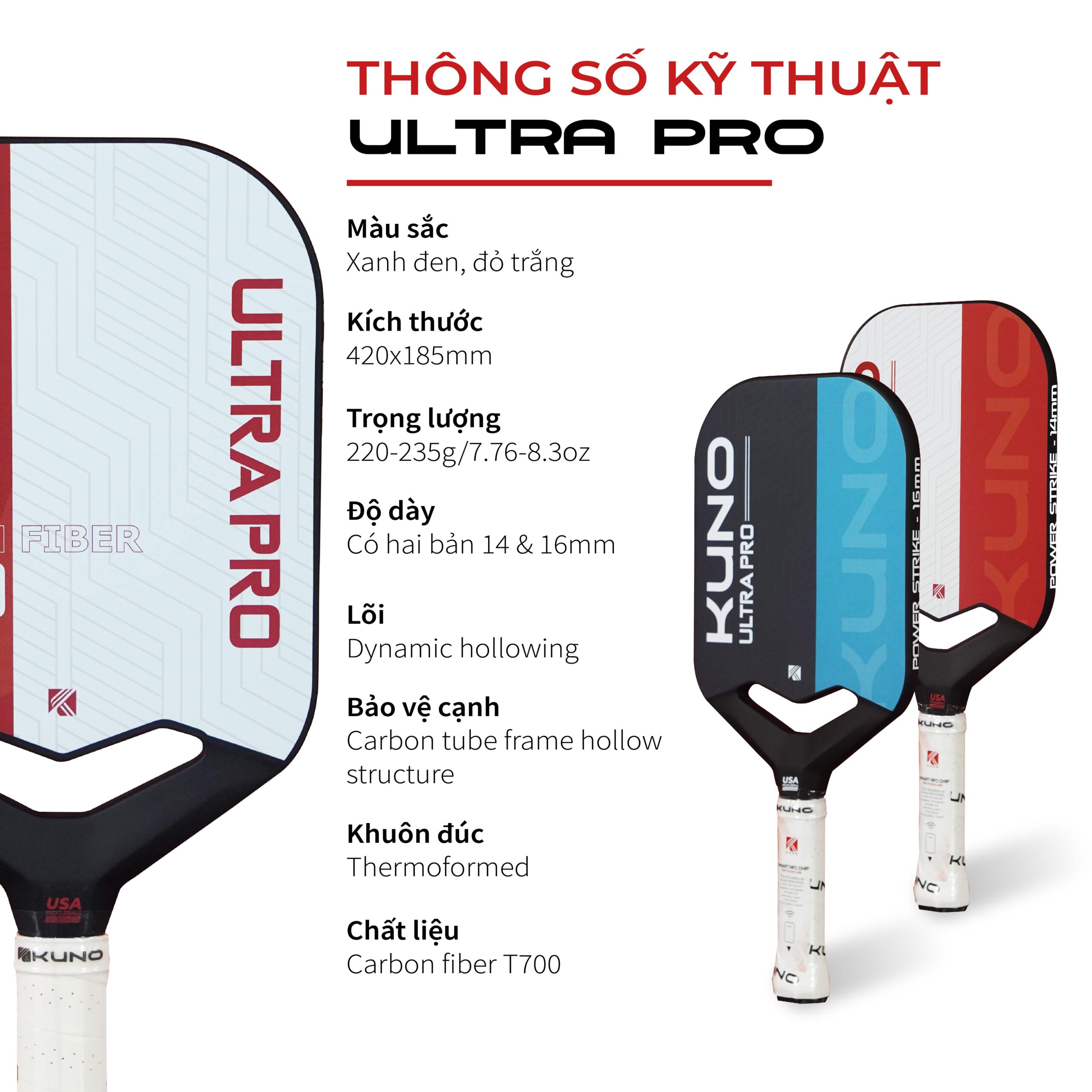 Vợt Pickleball KUNO Ultra Pro Chính Hãng – Đỉnh Cao Công Nghệ , Bản 16mm và 14mm