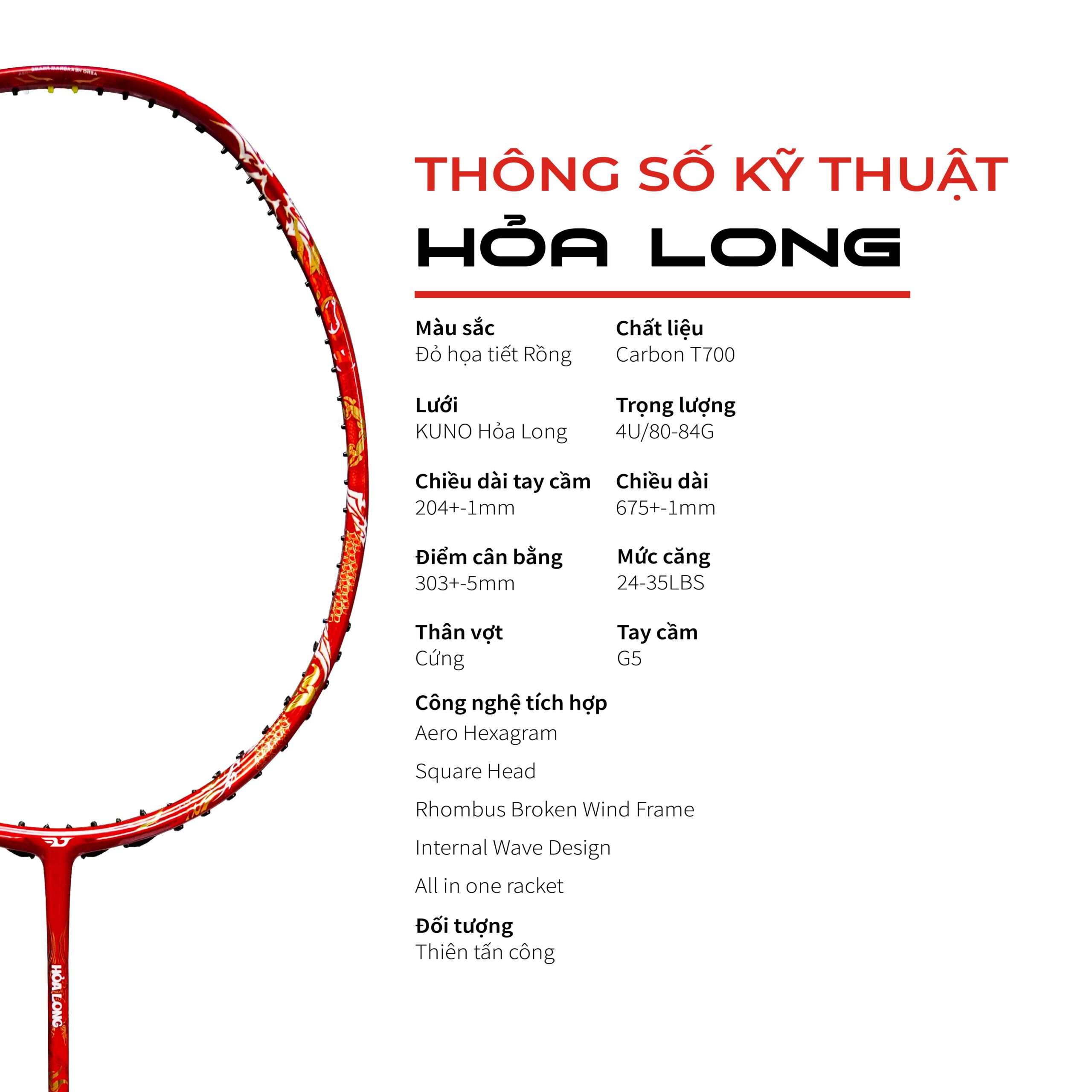 Vợt cầu lông Kuno Hỏa Long Thiên Công, Hàng Chính Hãng, Trọng Lượng 4U, Thân Cứng, Carbon T700 Cao Cấp