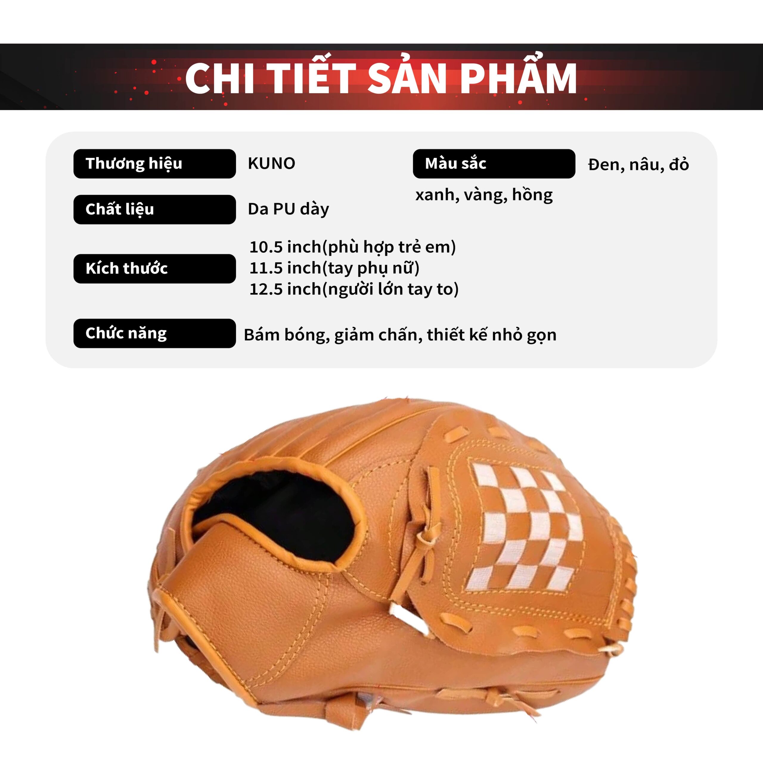 Găng Tay Bóng Chày KUNO Giá Tốt – May Tinh Xảo, Đủ Size Tay