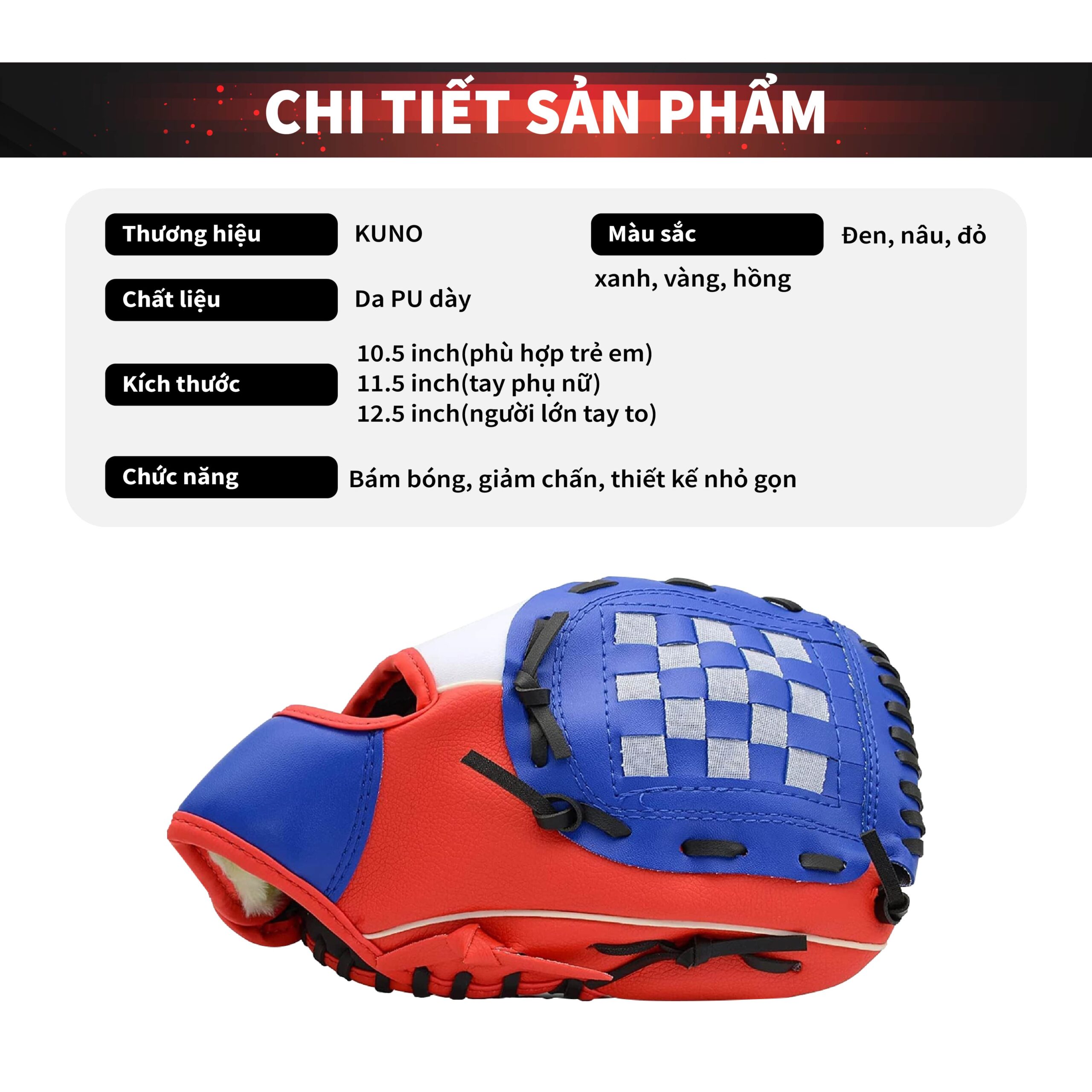 Găng Tay Bóng Chày KUNO - Chất Liệu Da PU Cao Cấp, Đủ Size Tay, Đường May Sắc Nét Tỉ Mỉ