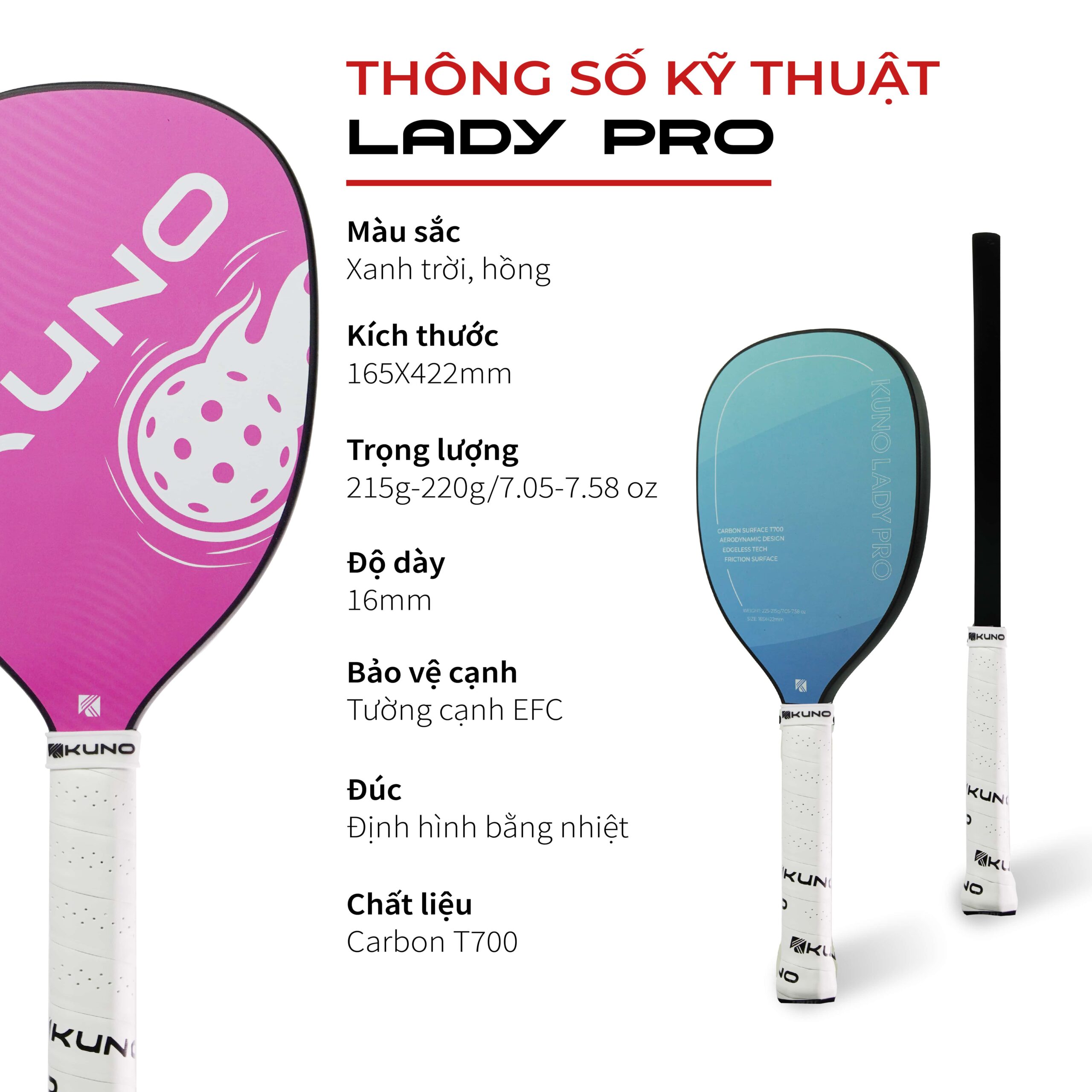 Vợt Pickleball Kuno Lady Pro Dành Cho Tập Luyện, Đúc Ép Nóng Chất Liệu Sợi Carbon T700