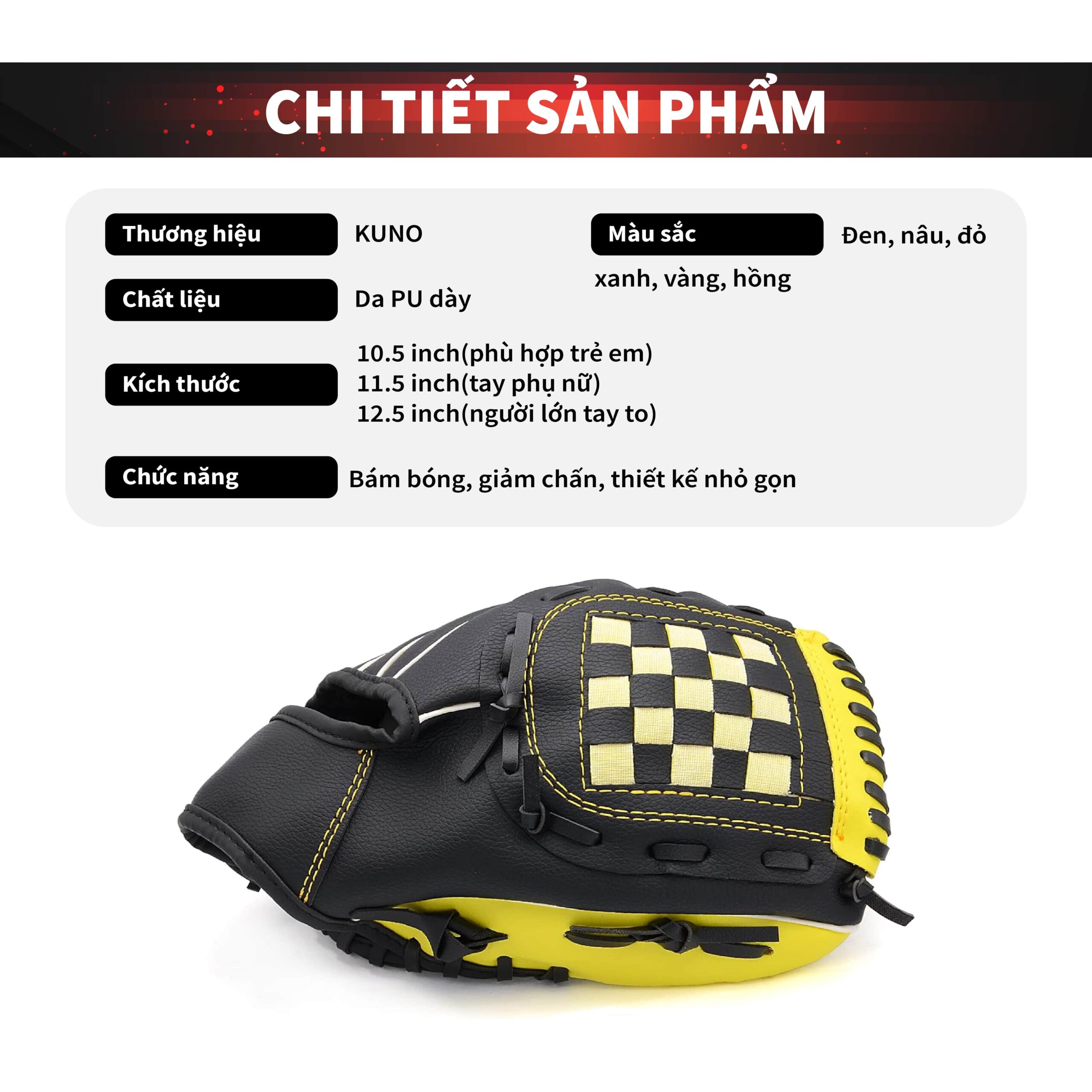 Găng Tay Bóng Chày KUNO Da PU Cao Cấp – Đủ Size Tay, Bền Đẹp Chuẩn Thi Đấu