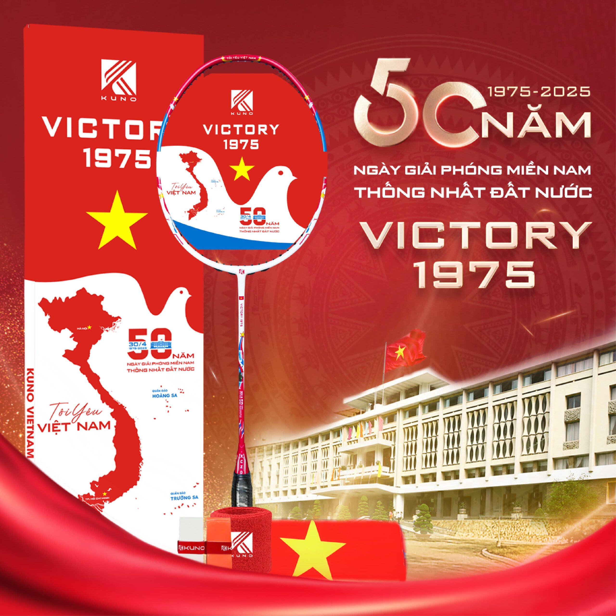 Vợt Cầu Lông Kuno Victory 1975 Full Box Quà Tặng, Phiên Bản Kỷ Niệm 50 Năm Thống Nhất Đất Nước