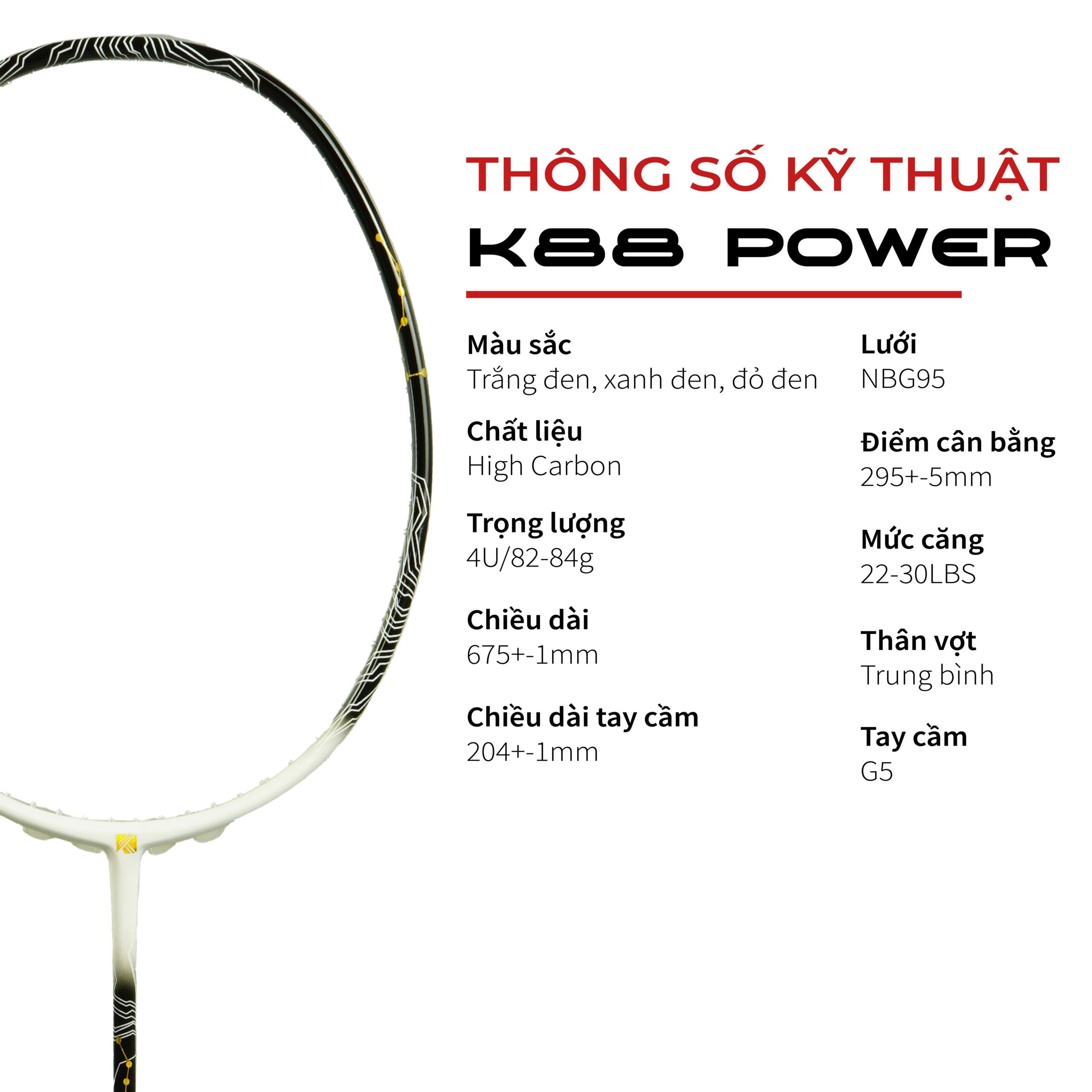 Vợt Cầu Lông Kuno K88 Power, Tấn Công Nhanh, Tốc Độ, Trọng Lượng 4U, Căng Max 13,5kg