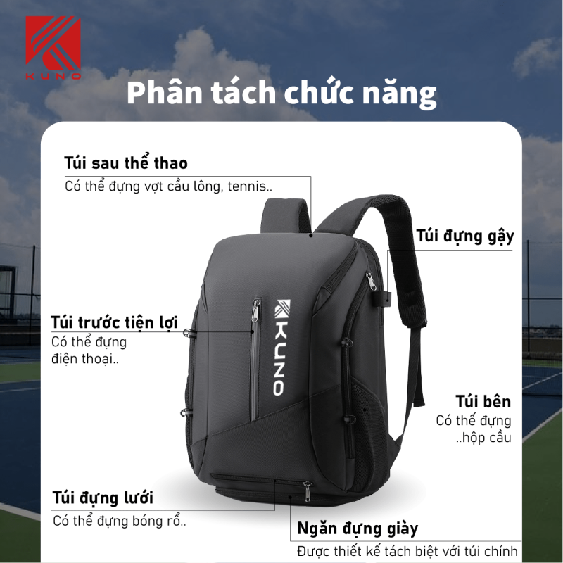 Balo thể thao Kuno cải tiến mới, sử dụng thể thao cầu lông, tennis, bóng rổ, bóng chày đa năng chống thấm phong cách thời trang-BN03